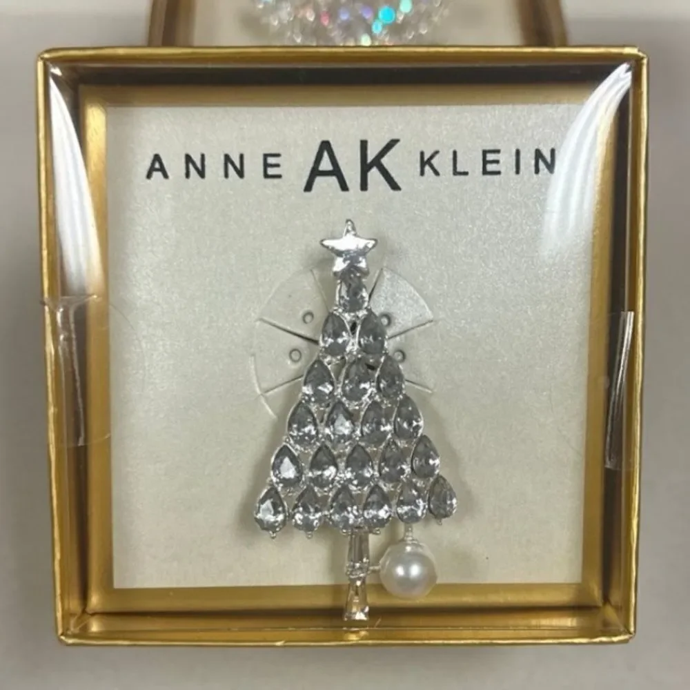 Anne Klein Silver Tone Rhinestone Christmas Tree Brooch